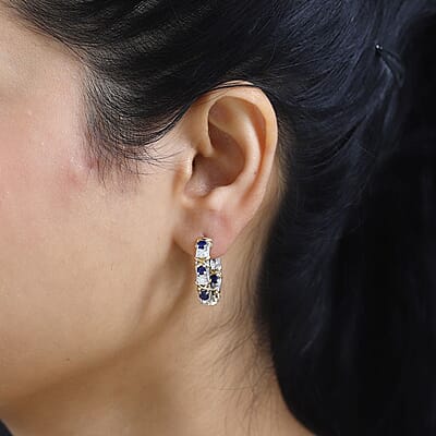 Moissanite and Masoala Sapphire (D) XOXO Hoop Earrings in Vermeil YG and Platinum Over Sterling Silver 2.90 ctw