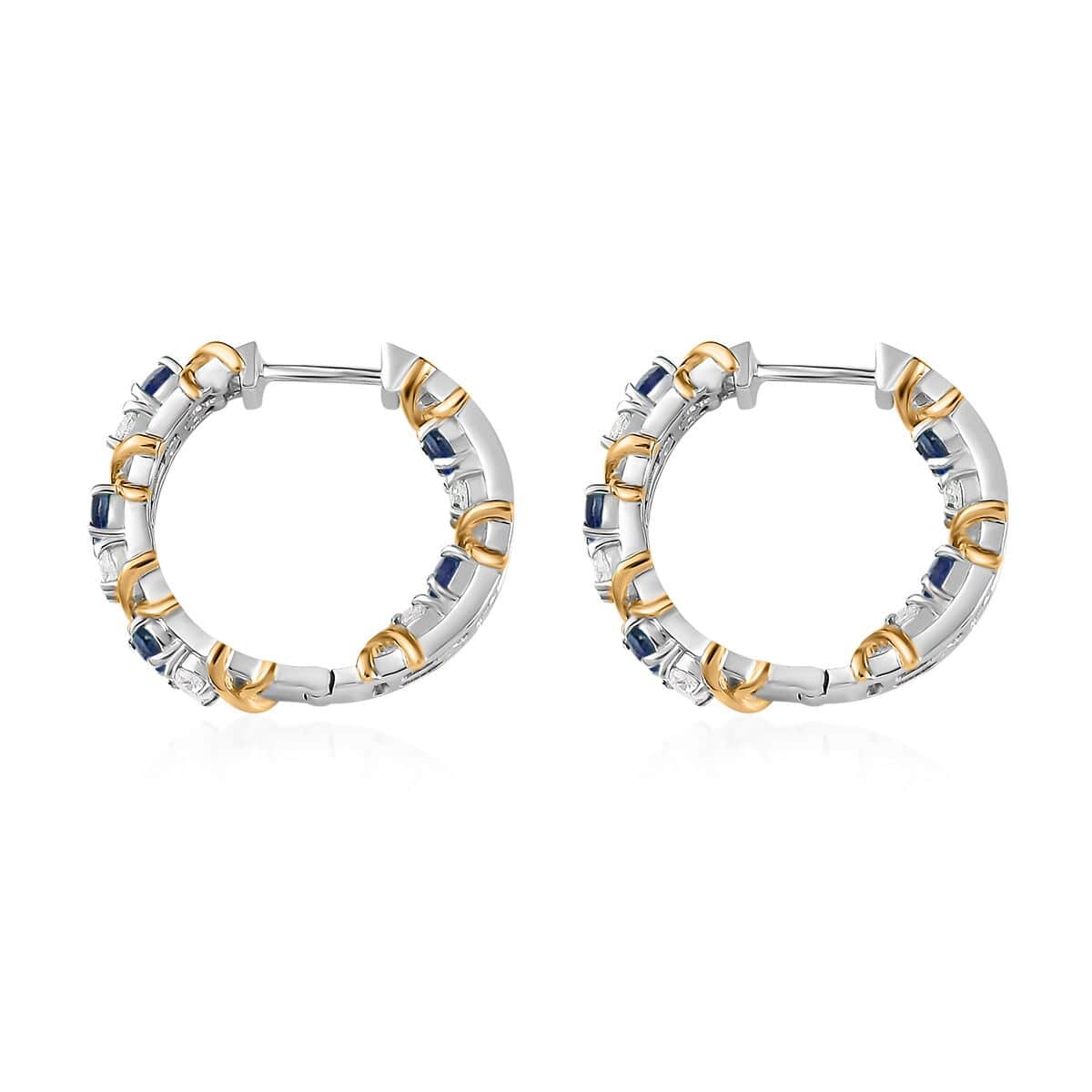 Moissanite and Masoala Sapphire (FF) XOXO Hoop Earrings in Vermeil YG and Platinum Over Sterling Silver 2.90 ctw image number 3