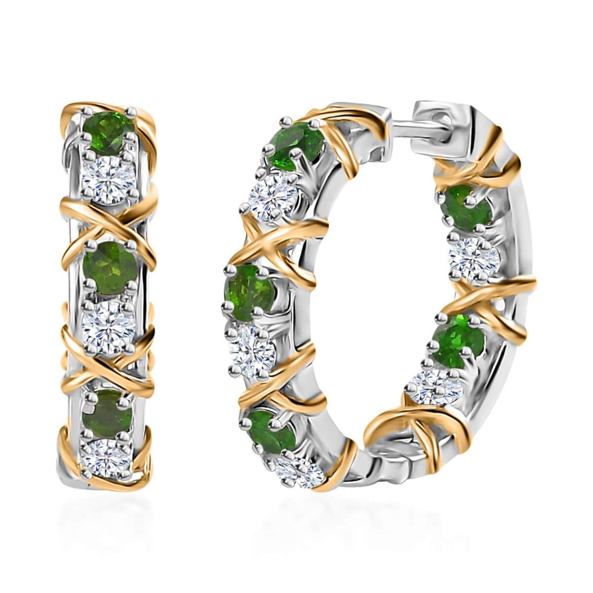 Moissanite and Chrome Diopside XOXO Hoop Earrings in Vermeil YG and Platinum Over Sterling Silver 2.40 ctw image number 0