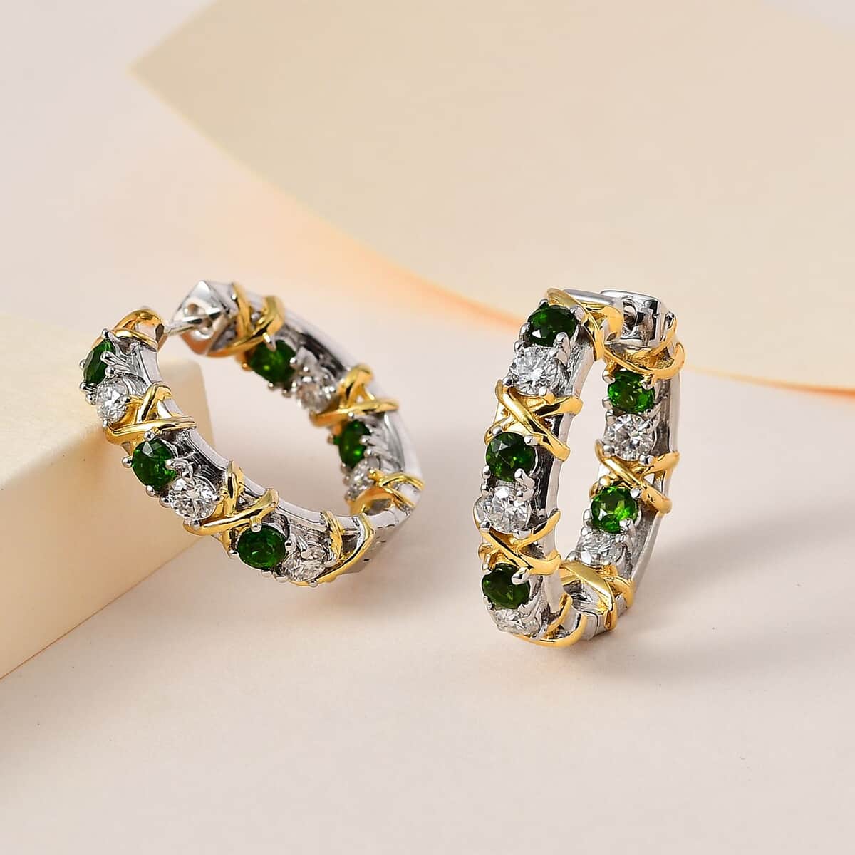 Moissanite and Chrome Diopside XOXO Hoop Earrings in Vermeil YG and Platinum Over Sterling Silver 2.40 ctw image number 1