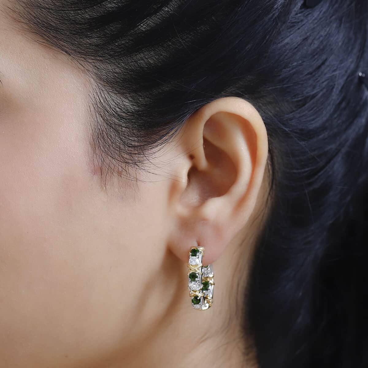 Moissanite and Chrome Diopside XOXO Hoop Earrings in Vermeil YG and Platinum Over Sterling Silver 2.40 ctw image number 2
