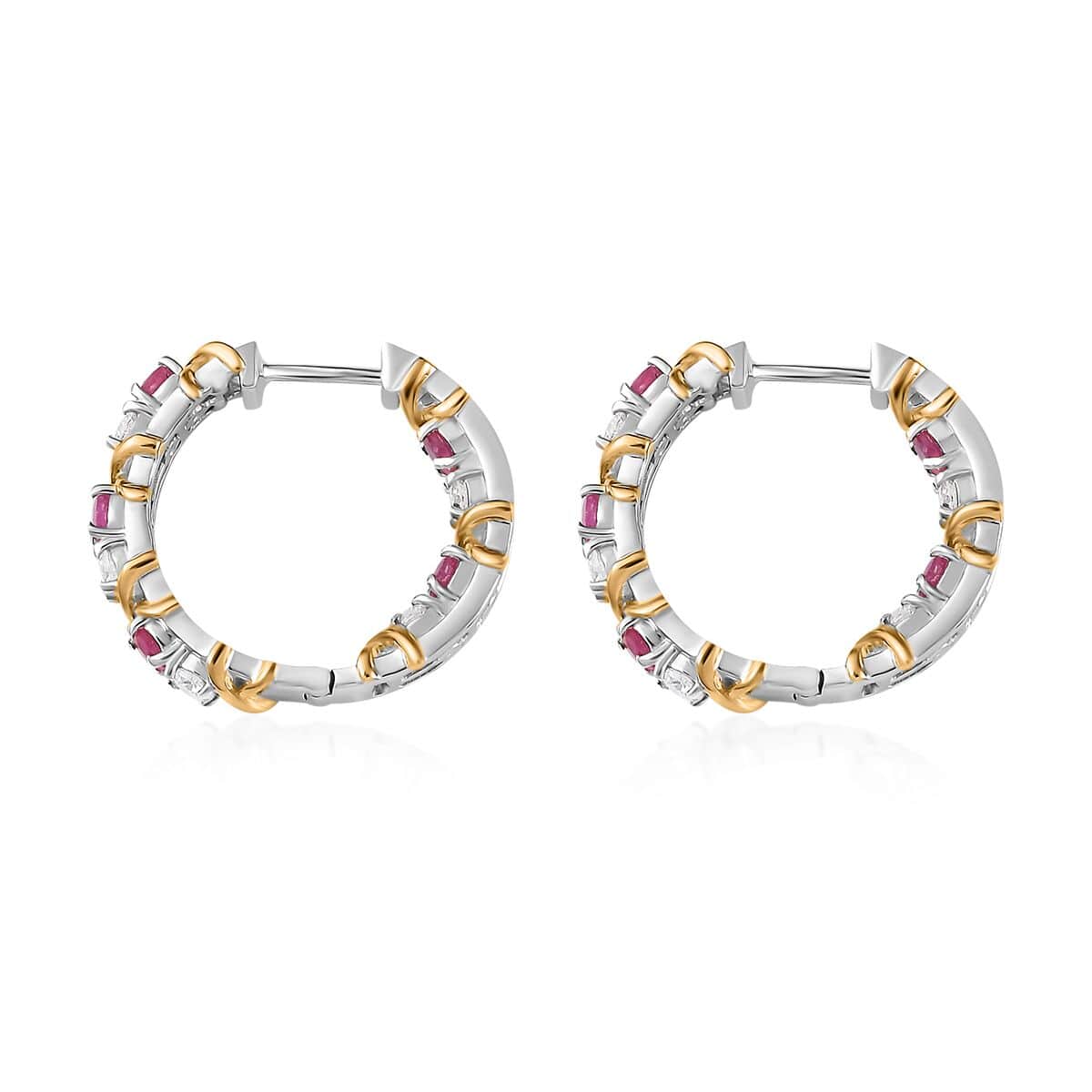 Moissanite and Niassa Ruby (FF) XOXO Hoop Earrings in Vermeil YG and Platinum Over Sterling Silver 2.90 ctw image number 3