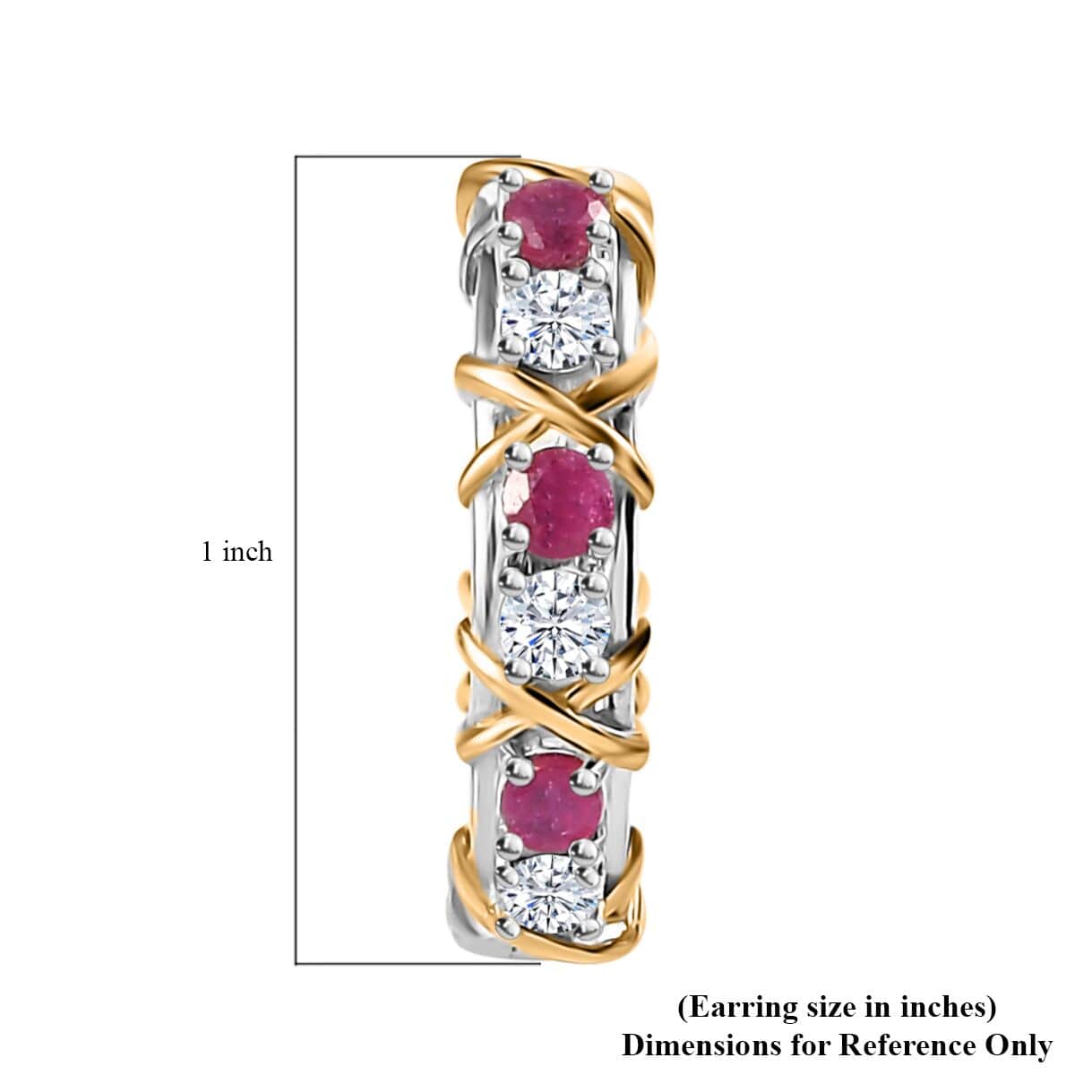 Moissanite and Niassa Ruby (FF) XOXO Hoop Earrings in Vermeil YG and Platinum Over Sterling Silver 2.90 ctw image number 4