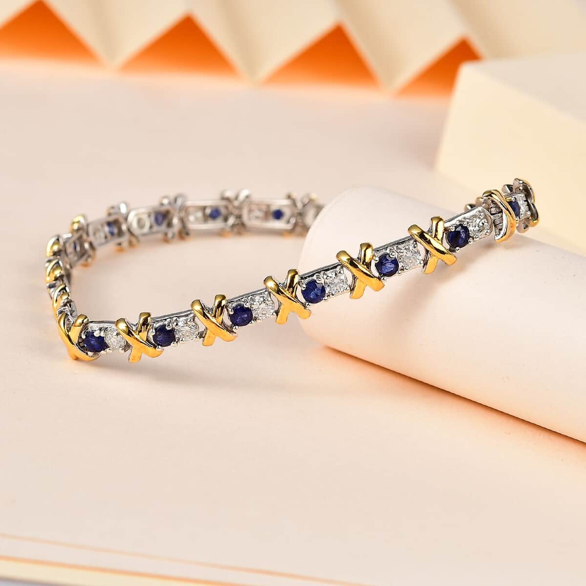Moissanite and Masoala Sapphire (D) XOXO Bracelet in Vermeil YG and Platinum Over Sterling Silver (6.50 In) 5.00 ctw image number 1