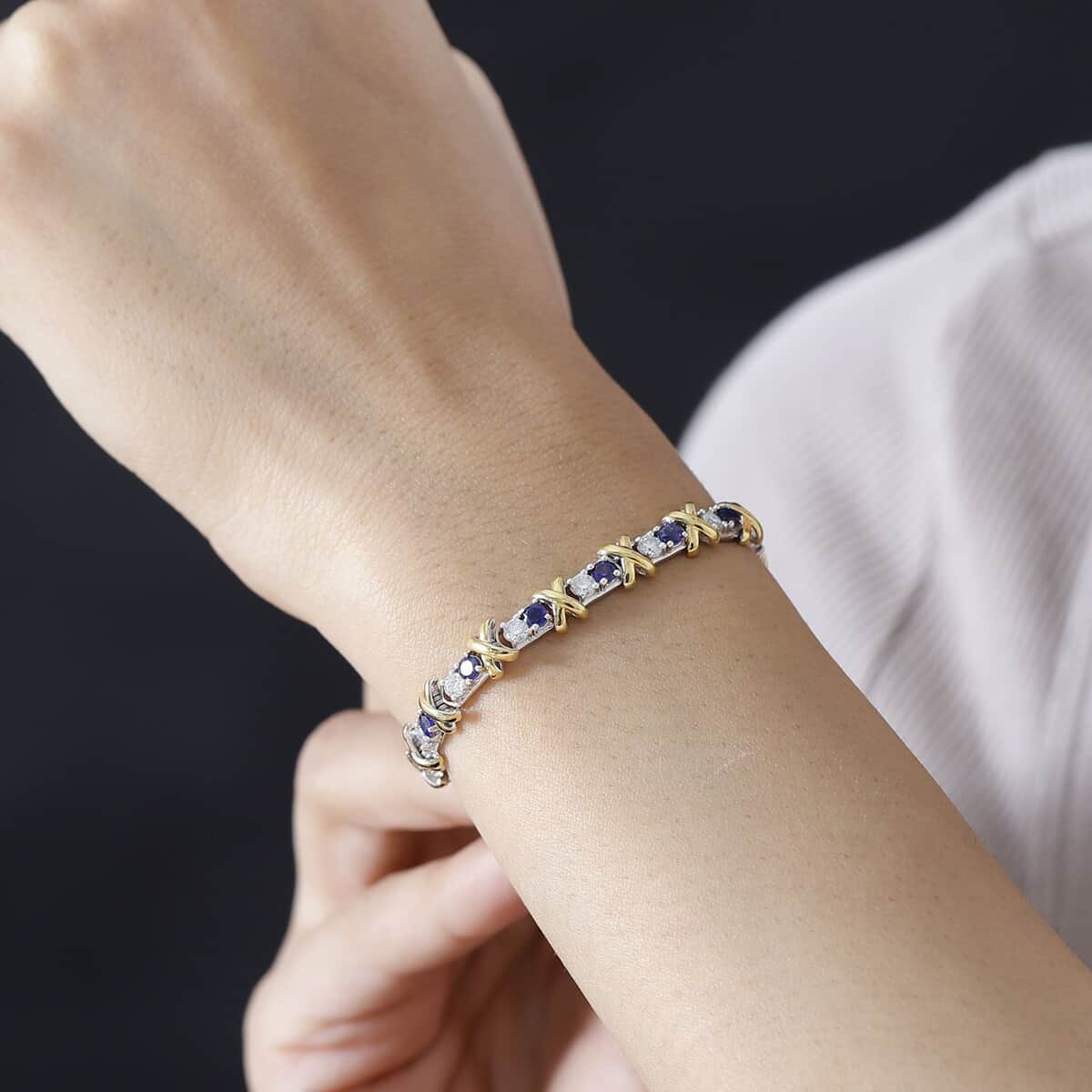 Moissanite and Masoala Sapphire (D) XOXO Bracelet in Vermeil YG and Platinum Over Sterling Silver (6.50 In) 5.00 ctw image number 2