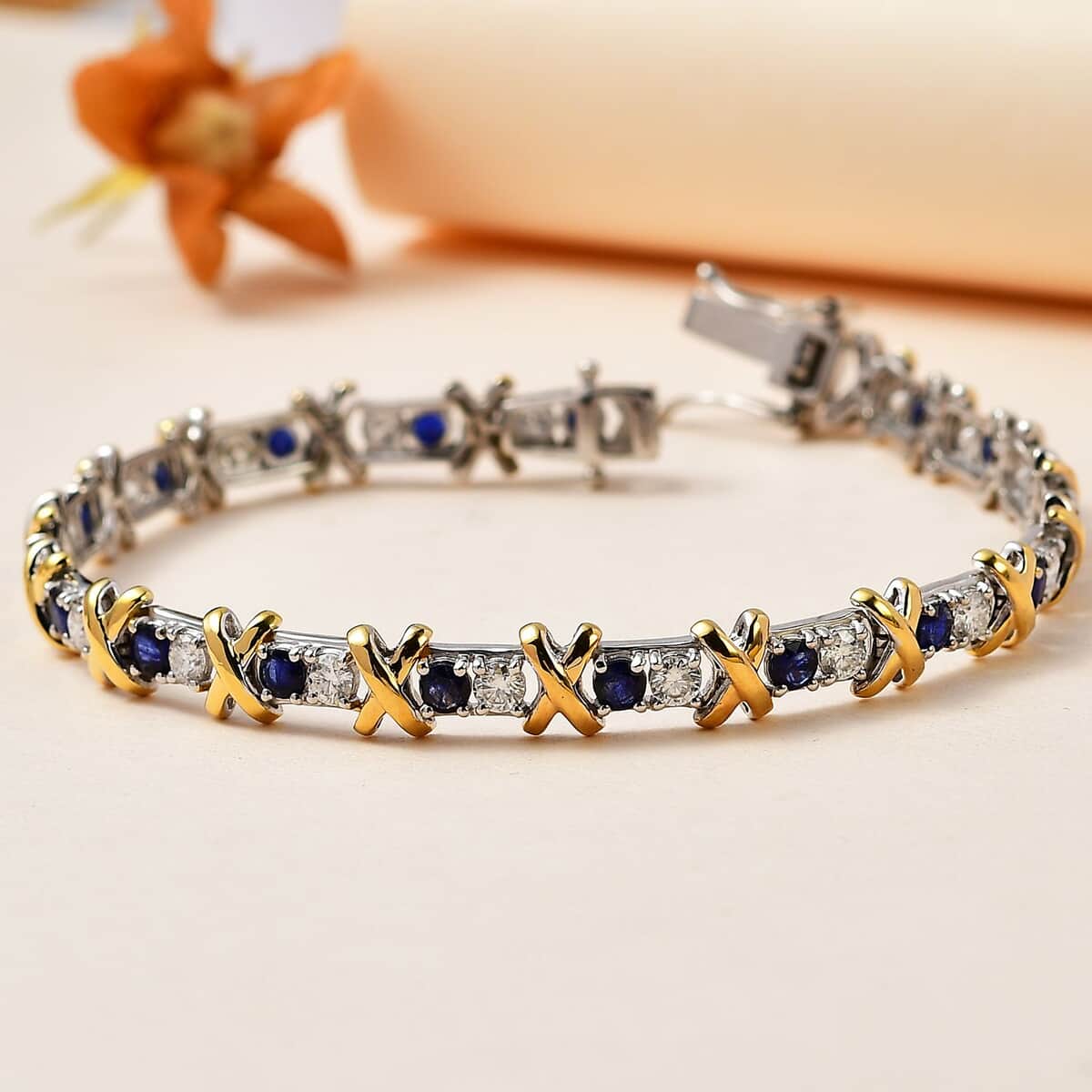 Moissanite and Masoala Sapphire (D) XOXO Bracelet in Vermeil YG and Platinum Over Sterling Silver (7.25 In) 5.25 ctw image number 1