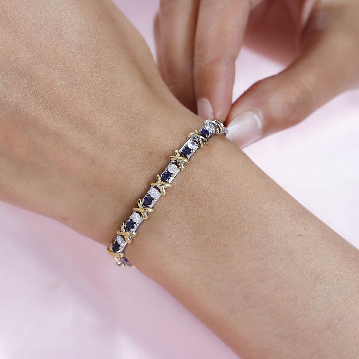 Moissanite and Masoala Sapphire (D) XOXO Bracelet in Vermeil YG and Platinum Over Sterling Silver (7.25 In) 5.25 ctw image number 2