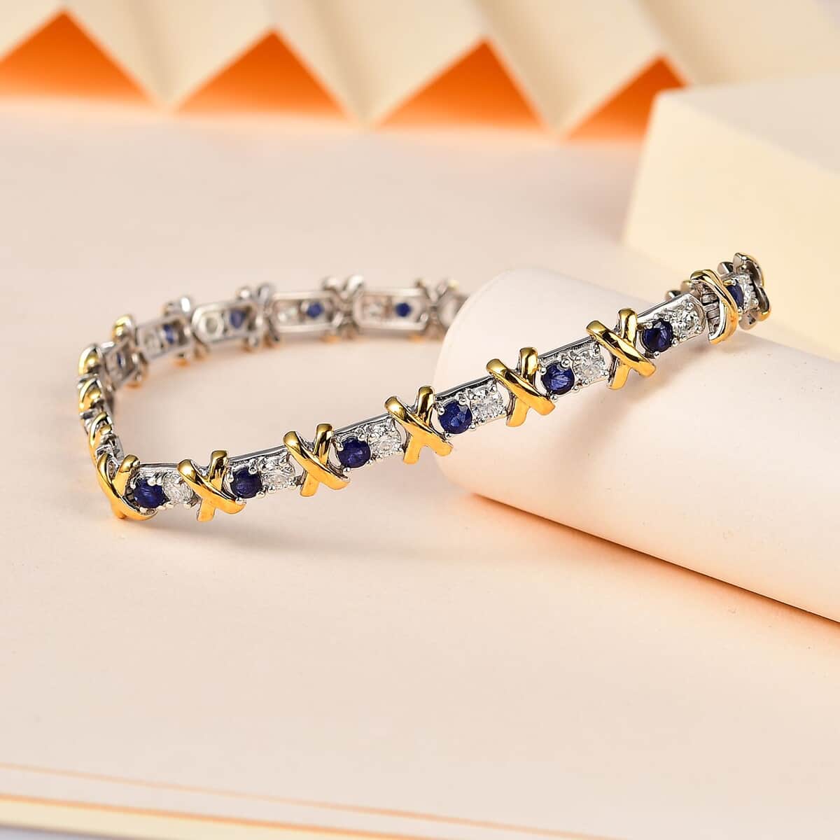 Moissanite and Masoala Sapphire (D) XOXO Bracelet in Vermeil YG and Platinum Over Sterling Silver (8.00 In) 5.50 ctw image number 1