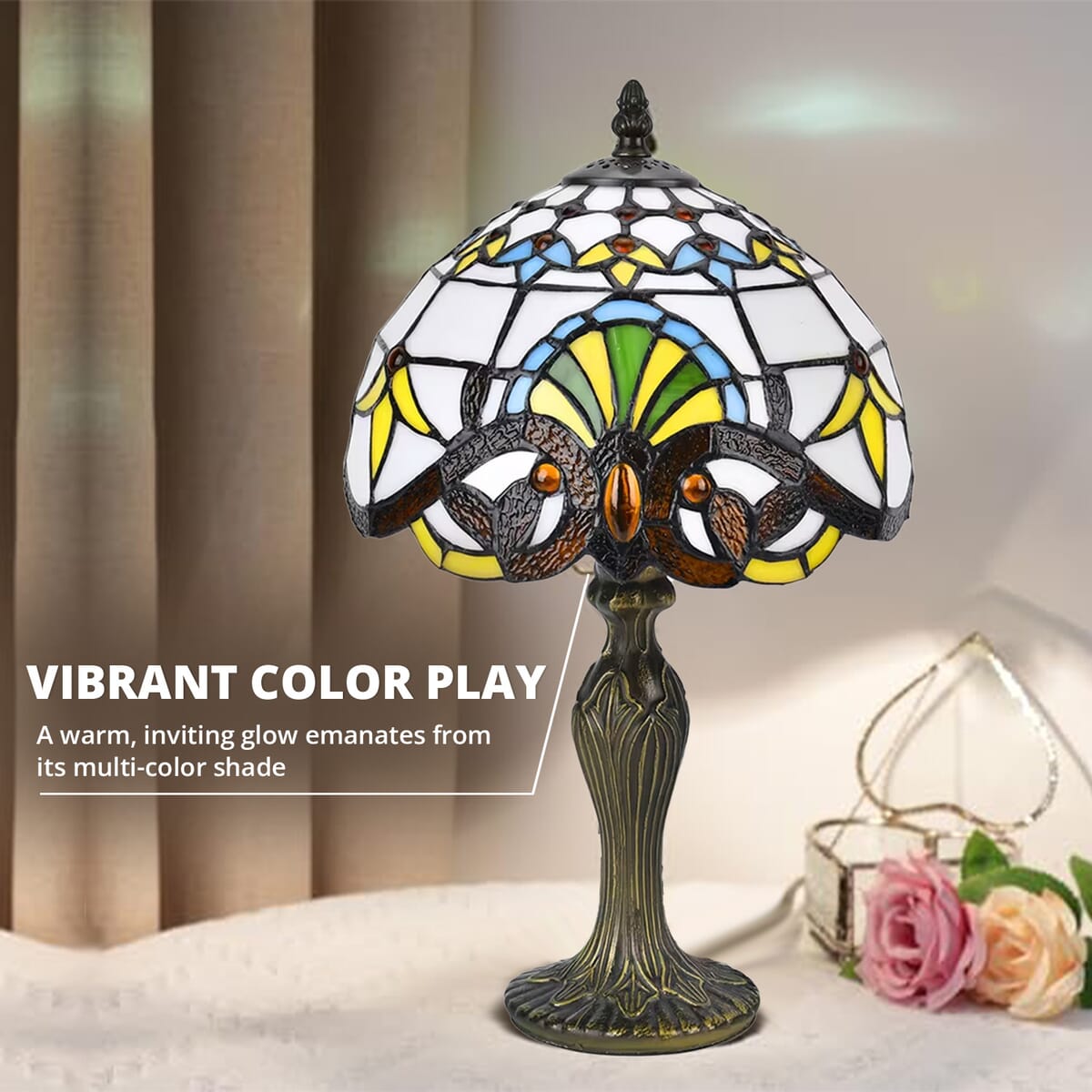 White & Yellow Flower Pattern 10 Inch Tiffany Inspired Table Lamp (E26 Bulb Not Included) image number 2
