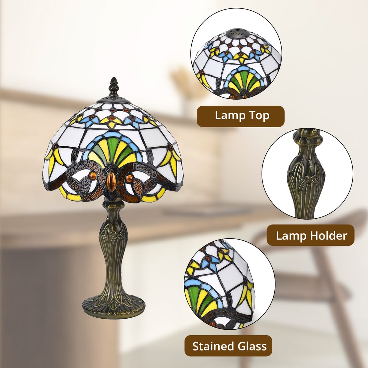 White & Yellow Flower Pattern 10 Inch Tiffany Inspired Table Lamp (E26 Bulb Not Included) image number 3