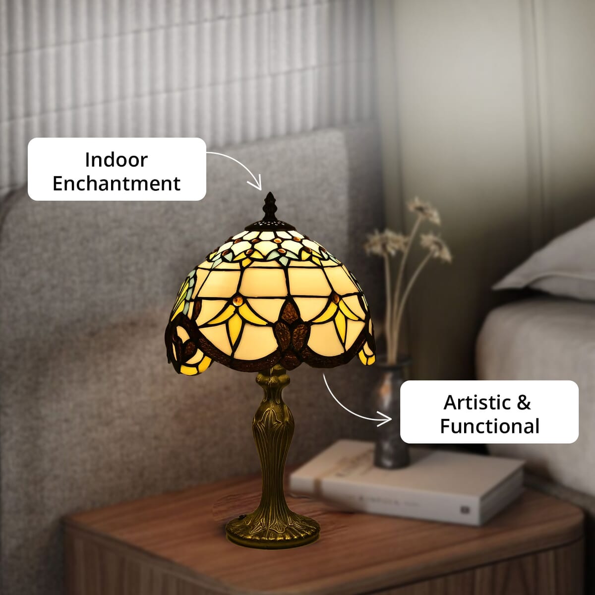 White & Yellow Flower Pattern 10 Inch Tiffany Inspired Table Lamp (E26 Bulb Not Included) image number 4