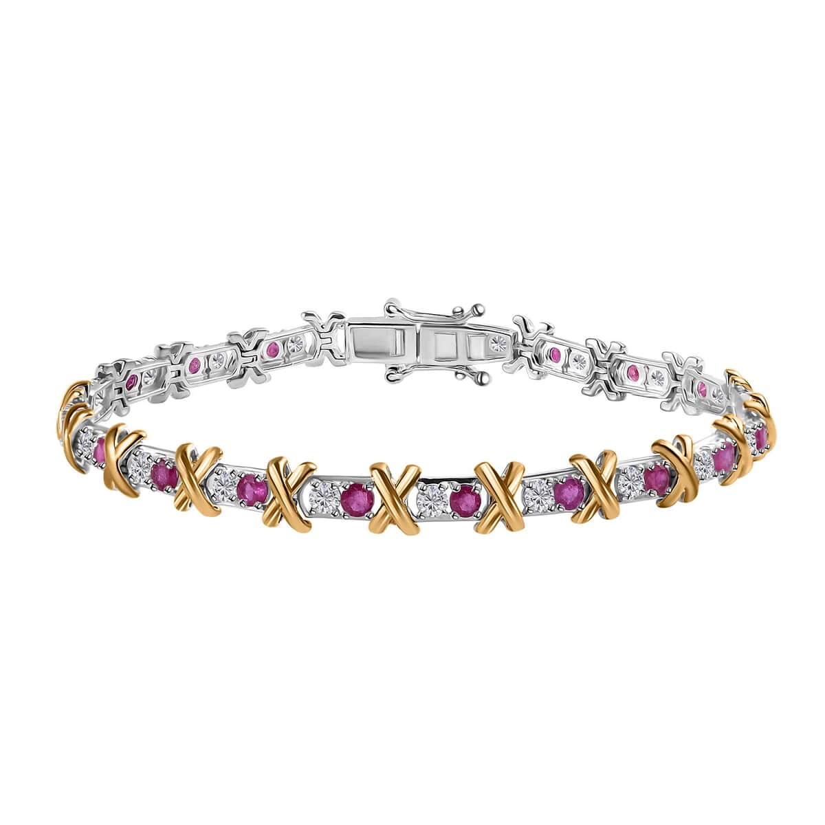 Moissanite and Niassa Ruby (FF) XOXO Bracelet in Vermeil YG and Platinum Over Sterling Silver (6.50 In) 5.30 ctw image number 0