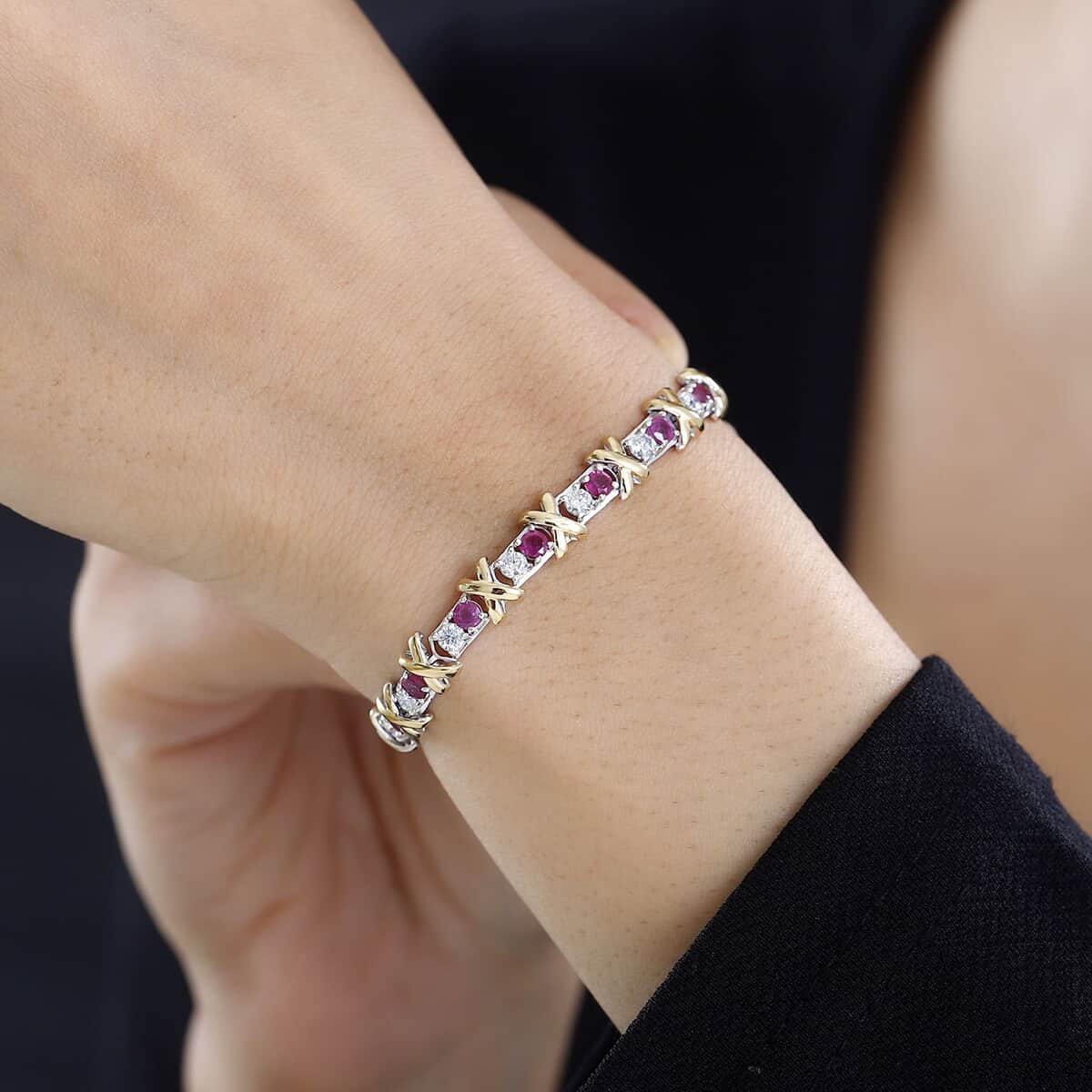 Moissanite and Niassa Ruby (FF) XOXO Bracelet in Vermeil YG and Platinum Over Sterling Silver (6.50 In) 5.30 ctw image number 2