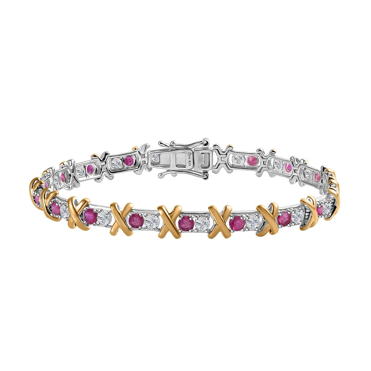 Moissanite and Niassa Ruby (FF) XOXO Bracelet in Vermeil YG and Platinum Over Sterling Silver (7.25 In) 5.60 ctw image number 0