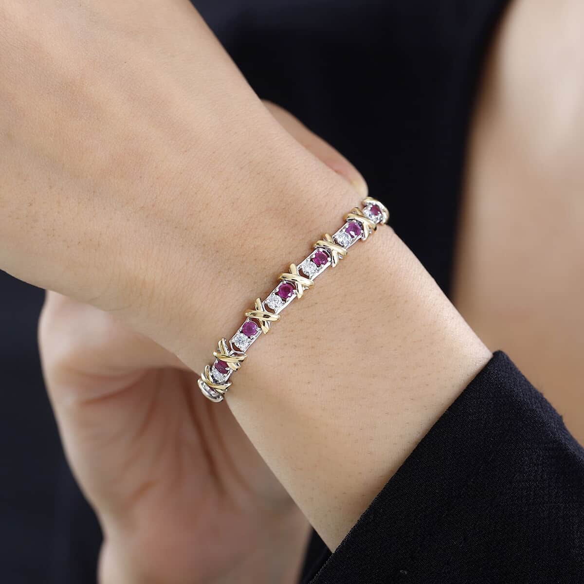 Moissanite and Niassa Ruby (FF) XOXO Bracelet in Vermeil YG and Platinum Over Sterling Silver (8.00 In) 5.90 ctw image number 2