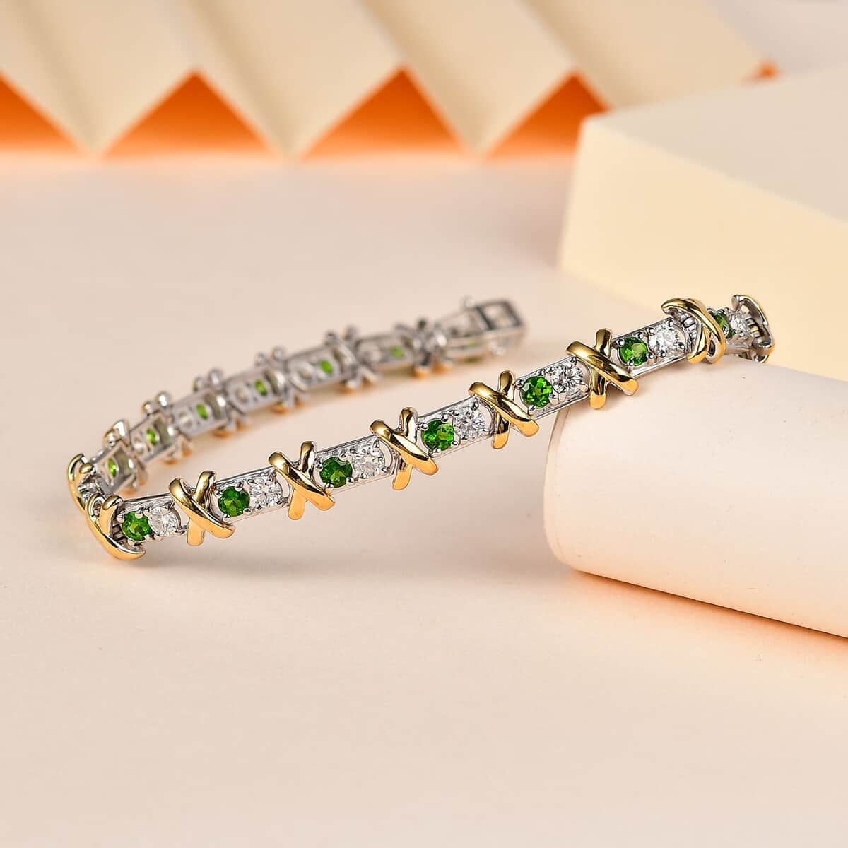 Moissanite and Chrome Diopside XOXO Bracelet in Vermeil YG and Platinum Over Sterling Silver (6.50 In) 3.90 ctw image number 1
