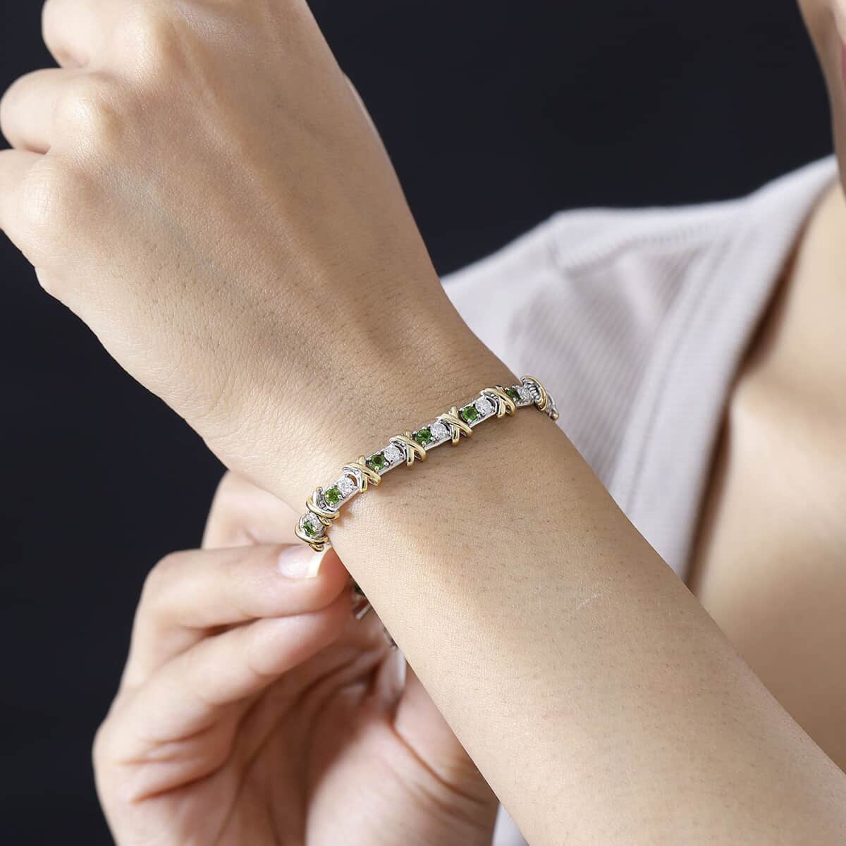 Moissanite and Chrome Diopside XOXO Bracelet in Vermeil YG and Platinum Over Sterling Silver (6.50 In) 3.90 ctw image number 2