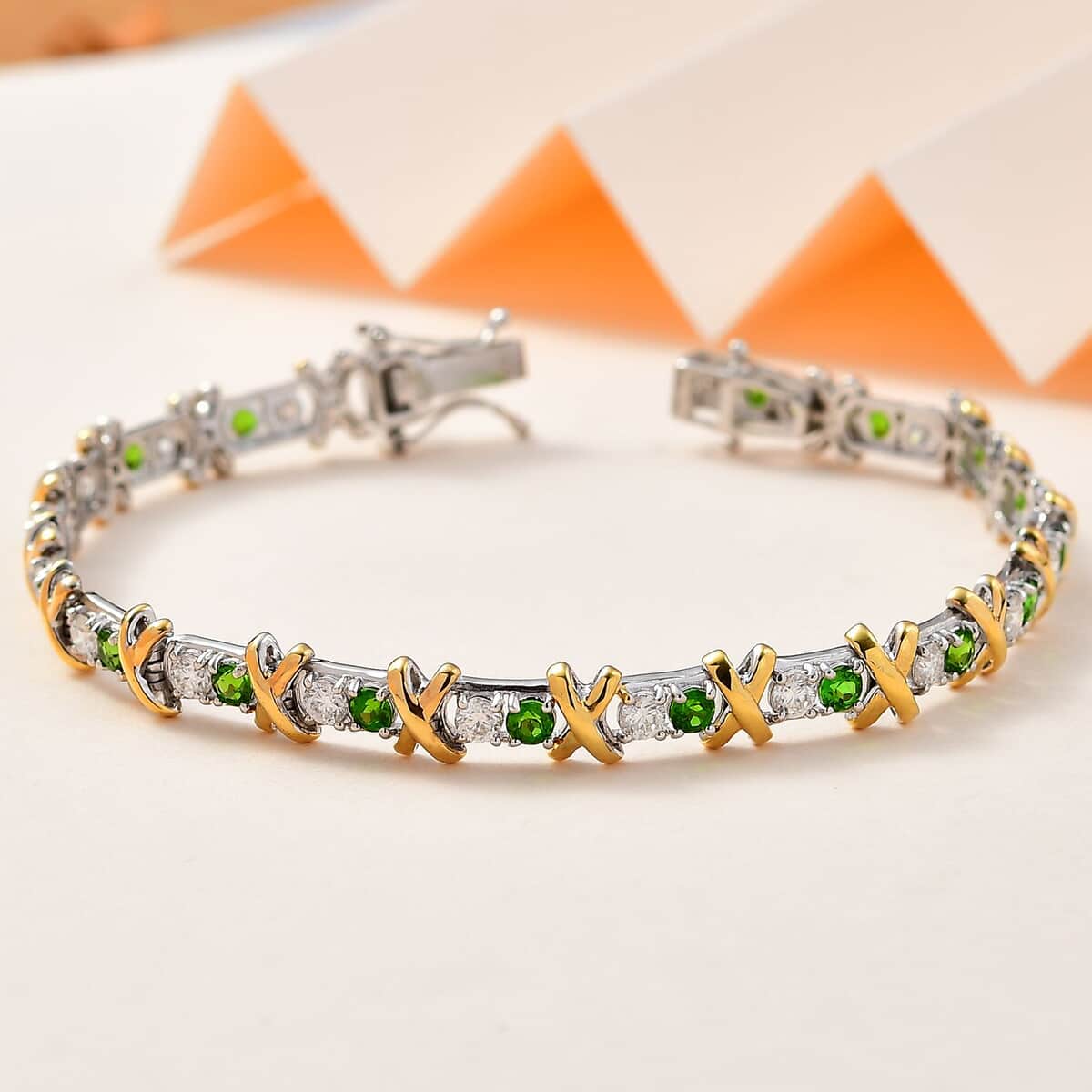 Moissanite and Chrome Diopside XOXO Bracelet in Vermeil YG and Platinum Over Sterling Silver (7.25 In) 4.15 ctw image number 1