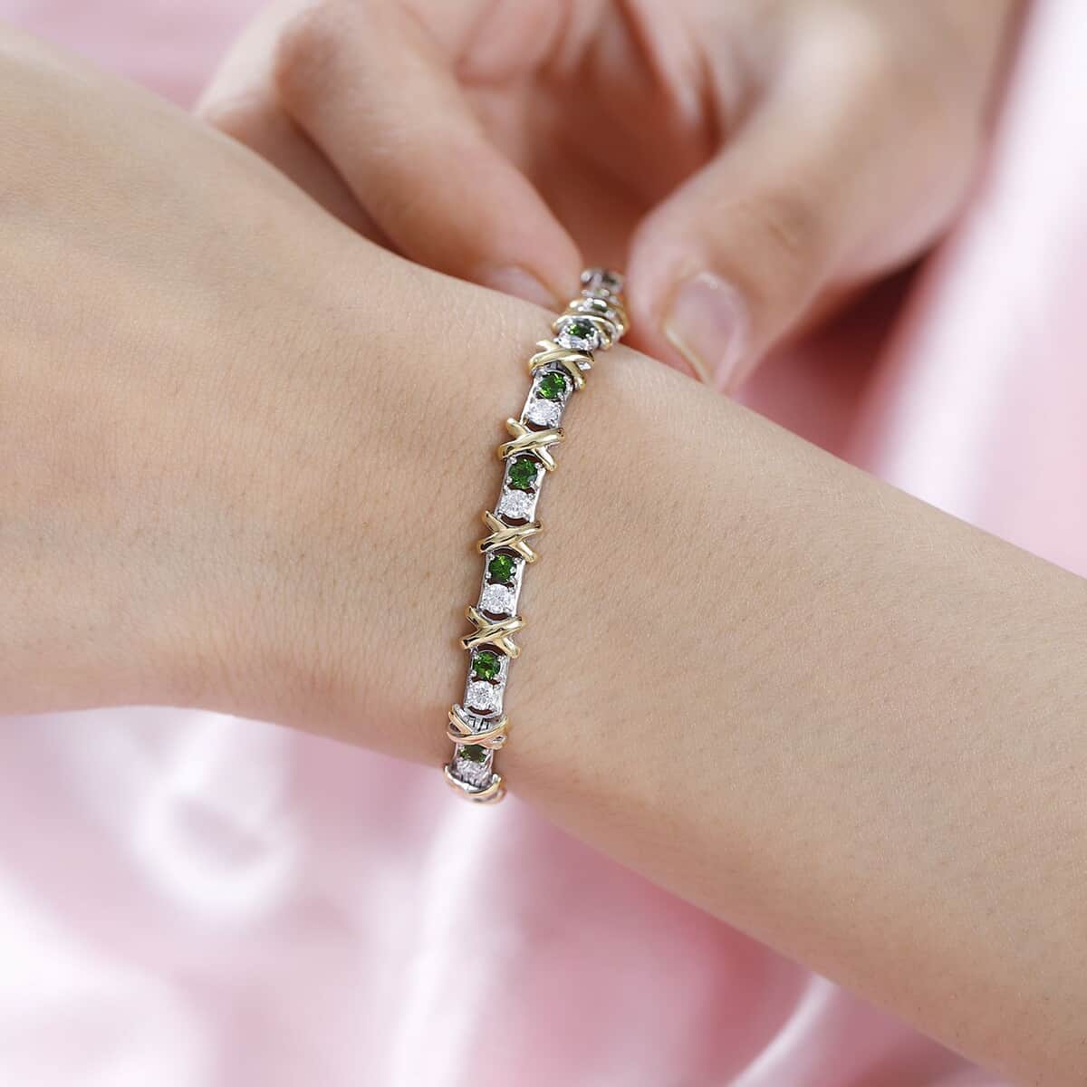 Moissanite and Chrome Diopside XOXO Bracelet in Vermeil YG and Platinum Over Sterling Silver (7.25 In) 4.15 ctw image number 2