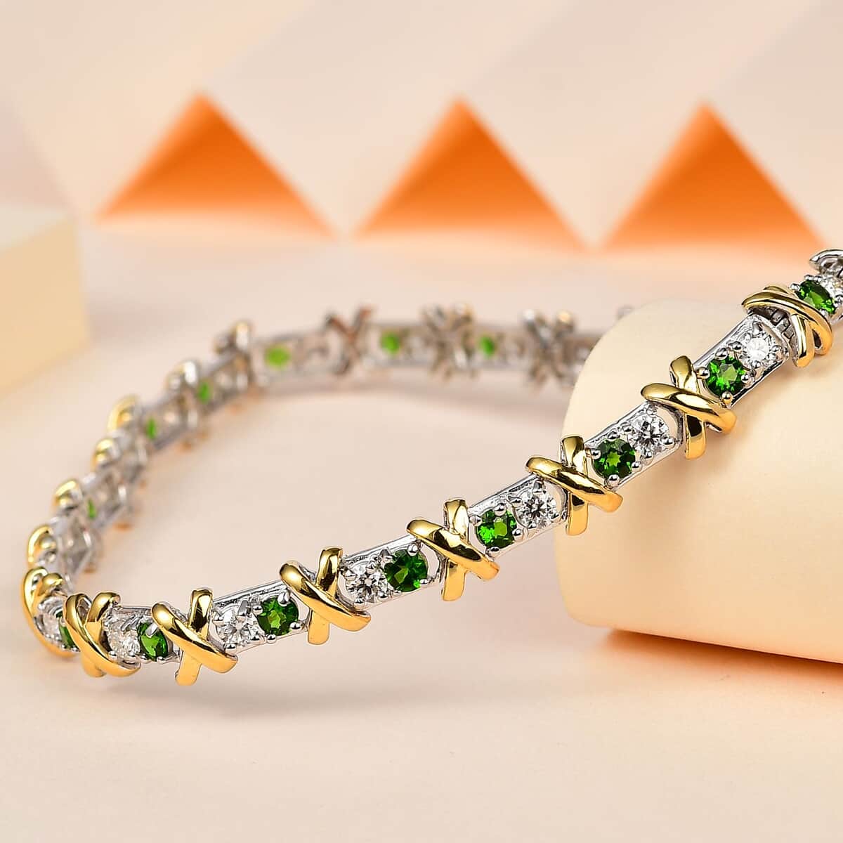 Moissanite and Chrome Diopside XOXO Bracelet in Vermeil YG and Platinum Over Sterling Silver (8.00 In) 4.40 ctw image number 1