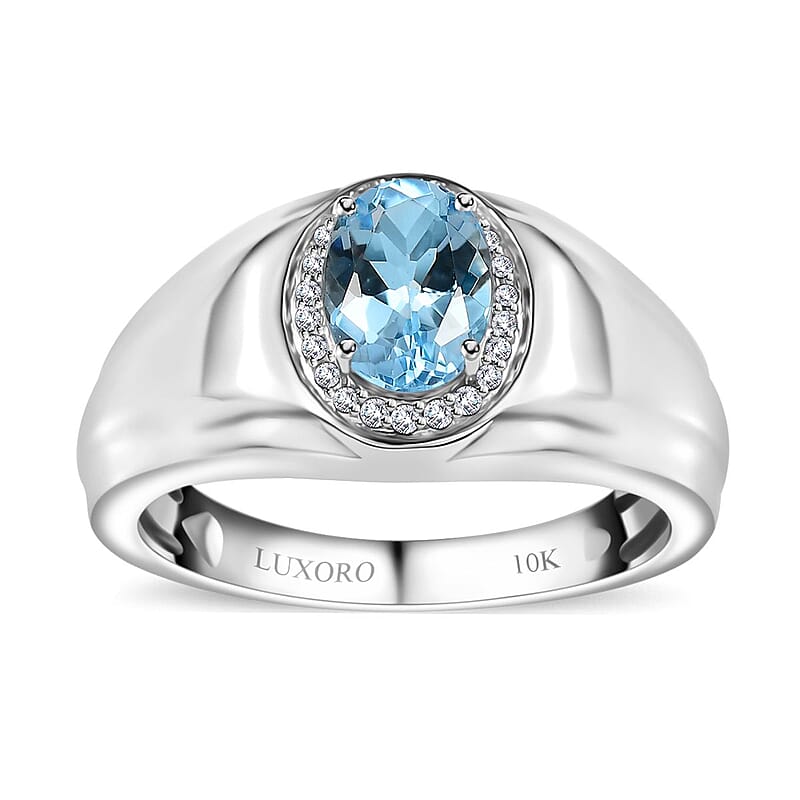 Luxoro 10K White Gold Premium Santa Maria Aquamarine and G-H I2 Diamond Men's Ring (Size 10.0) 6.15 Grams 1.20 ctw