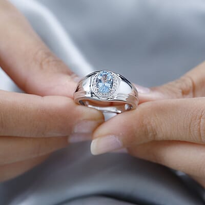 Luxoro 10K White Gold Premium Santa Maria Aquamarine and G-H I2 Diamond Men's Ring (Size 10.0) 6.15 Grams 1.20 ctw