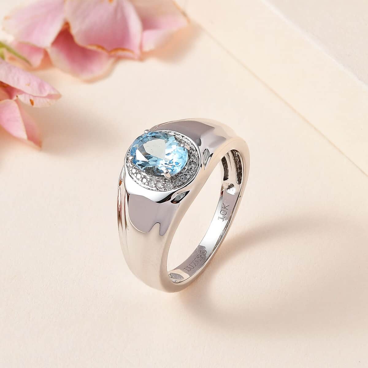 Luxoro 10K White Gold Premium Santa Maria Aquamarine and G-H I2 Diamond Men's Ring (Size 9.0) 6.15 Grams 1.20 ctw image number 1