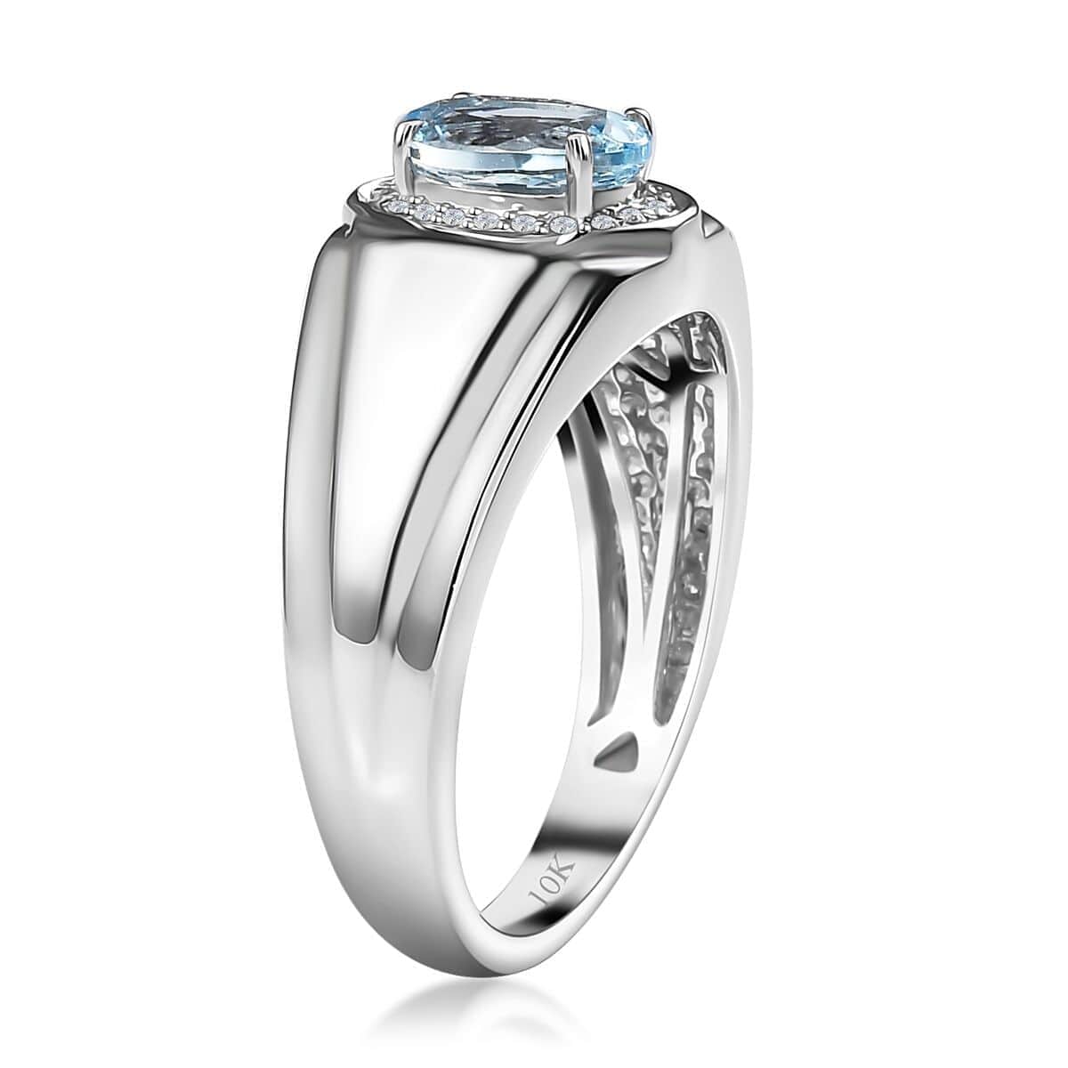 Luxoro 10K White Gold Premium Santa Maria Aquamarine and G-H I2 Diamond Men's Ring (Size 9.0) 6.15 Grams 1.20 ctw image number 3