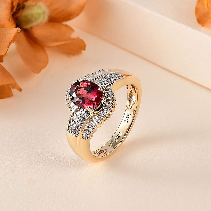 Luxoro 14K Yellow Gold AAA Ouro Fino Rubellite and G-H I2 Diamond Bypass Ring (Size 10.0) 5.0 Grams 1.75 ctw