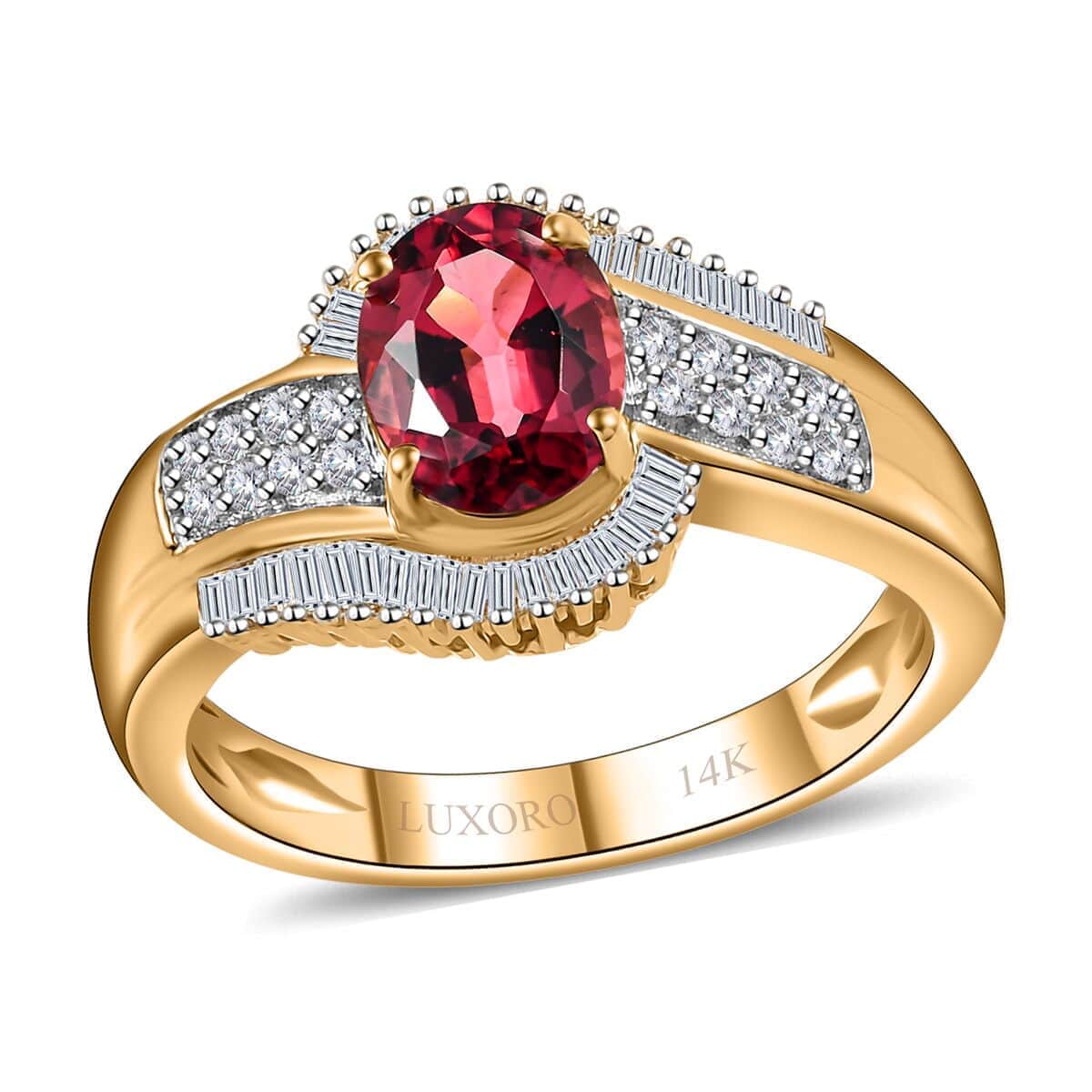 Luxoro 14K Yellow Gold AAA Ouro Fino Rubellite and G-H I2 Diamond Bypass Ring (Size 6.0) 5.0 Grams 1.75 ctw image number 0