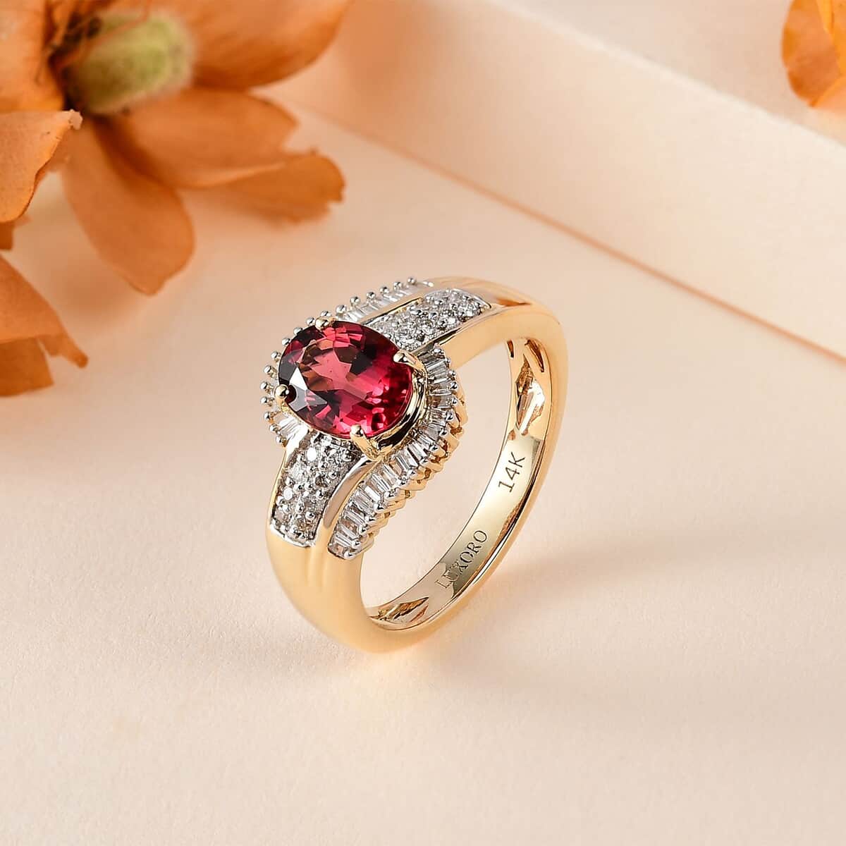 Luxoro 14K Yellow Gold AAA Ouro Fino Rubellite and G-H I2 Diamond Bypass Ring (Size 8.0) 5.0 Grams 1.75 ctw image number 1