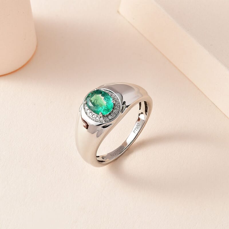 Rhapsody 950 Platinum AAAA Kagem Zambian Emerald and E-F VS Diamond Men's Ring (Size 10.0) 10.75 Grams 1.25 ctw