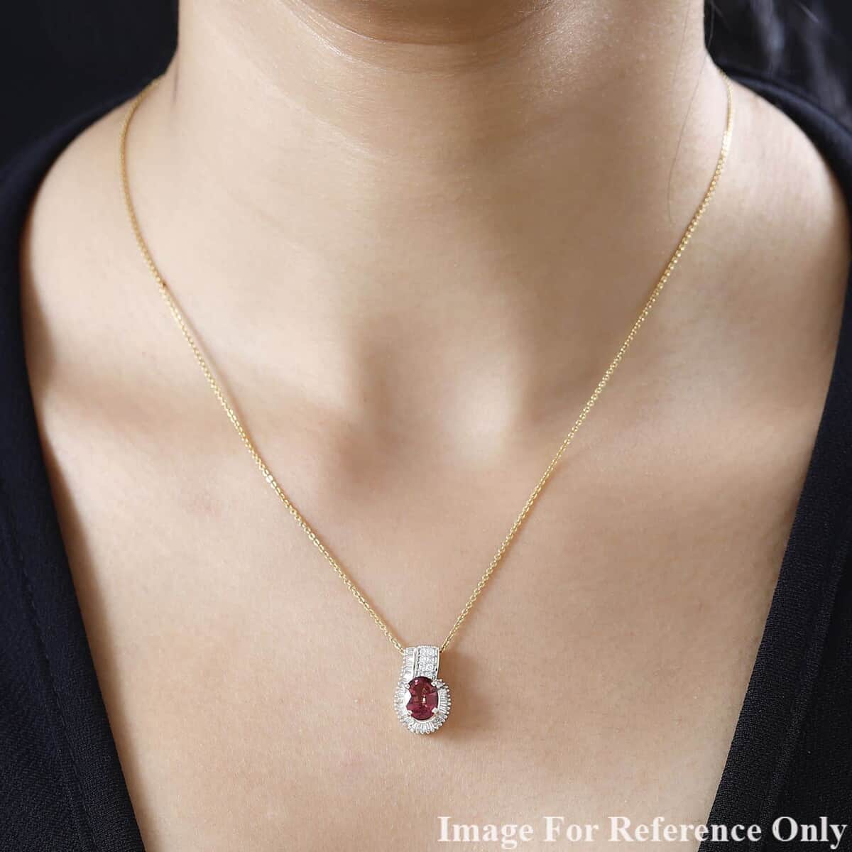 Luxoro 14K Yellow Gold AAA Ouro Fino Rubellite and G-H I2 Diamond Pendant 1.65 ctw image number 2