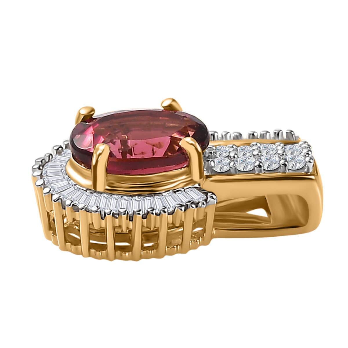Luxoro 14K Yellow Gold AAA Ouro Fino Rubellite and G-H I2 Diamond Pendant 1.65 ctw image number 3