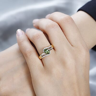 AAA Natural Calabar Green Tourmaline and Diamond Bypass Ring in Vermeil Yellow Gold Over Sterling Silver (Size 10.0) 1.00 ctw