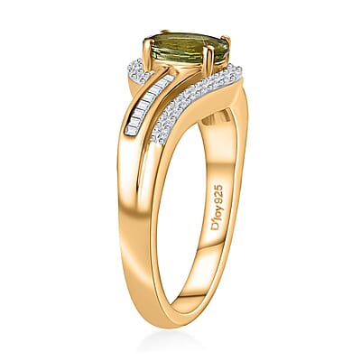 AAA Natural Calabar Green Tourmaline and Diamond Bypass Ring in Vermeil Yellow Gold Over Sterling Silver (Size 10.0) 1.00 ctw
