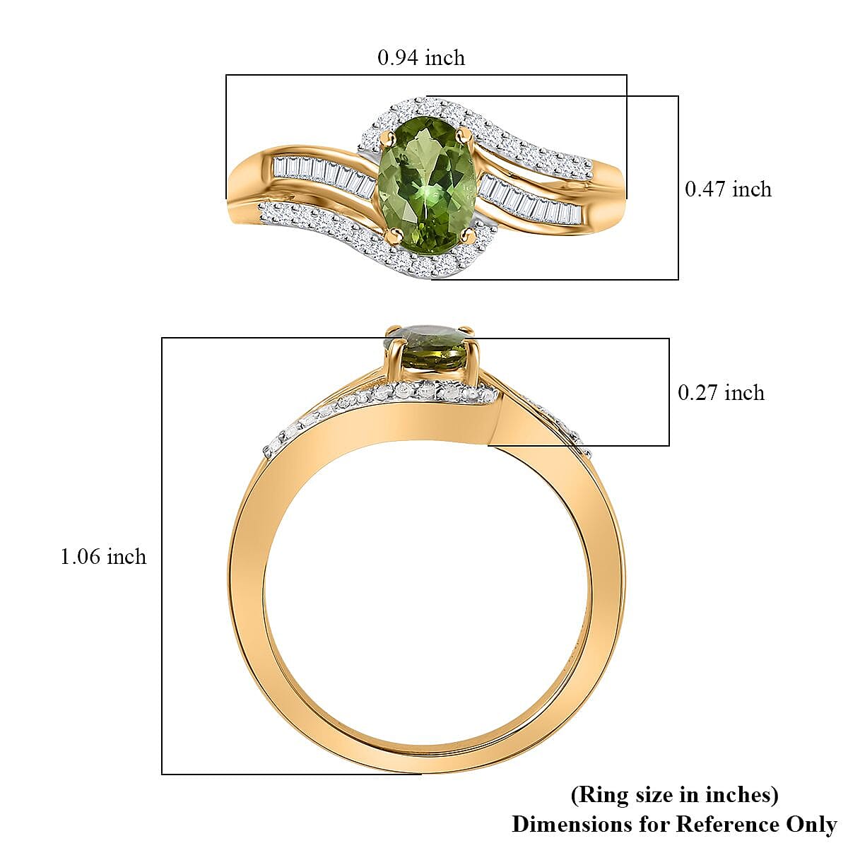 AAA Natural Calabar Green Tourmaline and Diamond Bypass Ring in Vermeil Yellow Gold Over Sterling Silver (Size 10.0) 1.00 ctw