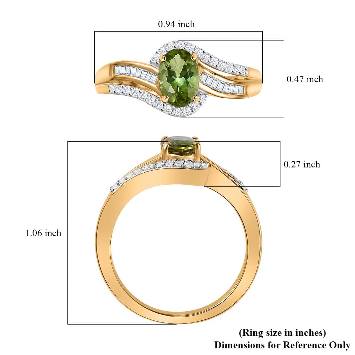 AAA Natural Calabar Green Tourmaline and Diamond Bypass Ring in Vermeil Yellow Gold Over Sterling Silver (Size 5.0) 1.00 ctw image number 5