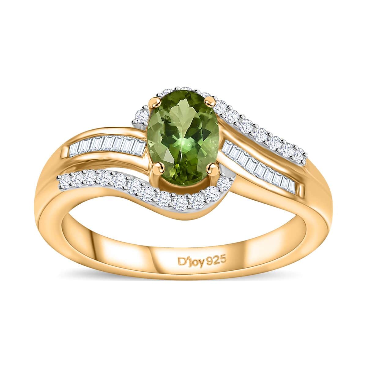 AAA Natural Calabar Green Tourmaline and Diamond Bypass Ring in Vermeil Yellow Gold Over Sterling Silver (Size 6.0) 1.00 ctw image number 0