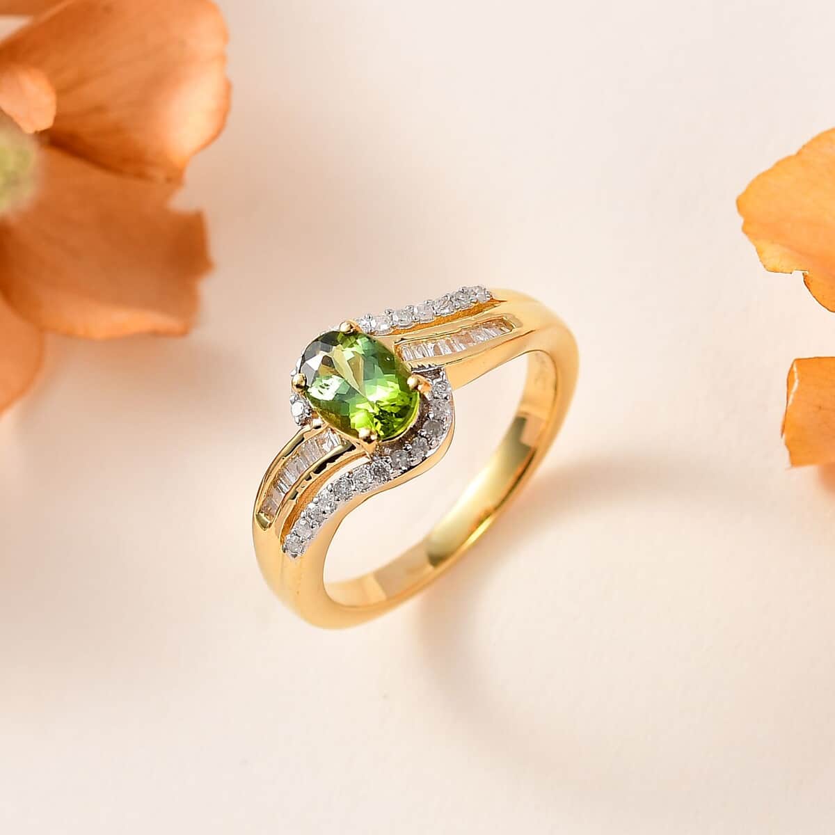 AAA Natural Calabar Green Tourmaline and Diamond Bypass Ring in Vermeil Yellow Gold Over Sterling Silver (Size 8.0) 1.00 ctw image number 1