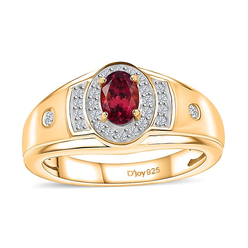 AAA Ouro Fino Rubellite and White Zircon Men' s Ring in Vermeil Yellow Gold Over Sterling Silver (Size 10.0) 1.00 ctw