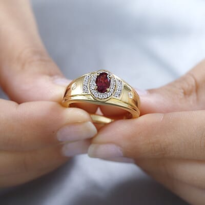 AAA Ouro Fino Rubellite and White Zircon Men' s Ring in Vermeil Yellow Gold Over Sterling Silver (Size 10.0) 1.00 ctw