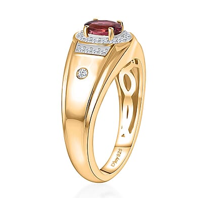 AAA Ouro Fino Rubellite and White Zircon Men' s Ring in Vermeil Yellow Gold Over Sterling Silver (Size 10.0) 1.00 ctw