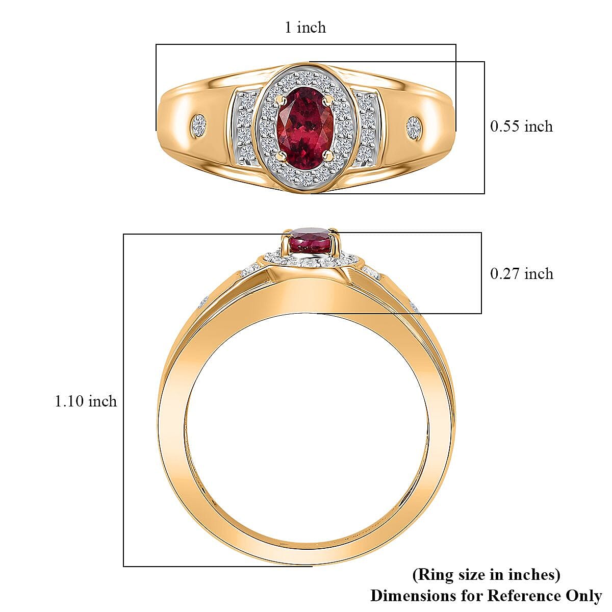 AAA Ouro Fino Rubellite and White Zircon Men' s Ring in Vermeil Yellow Gold Over Sterling Silver (Size 10.0) 1.00 ctw