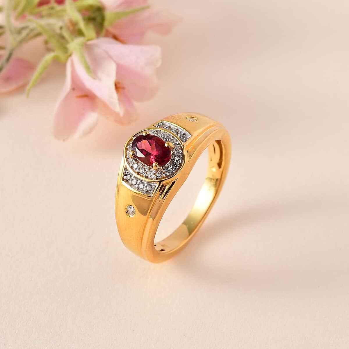 AAA Ouro Fino Rubellite and White Zircon Men' s Ring in Vermeil Yellow Gold Over Sterling Silver (Size 14.0) 1.00 ctw image number 1