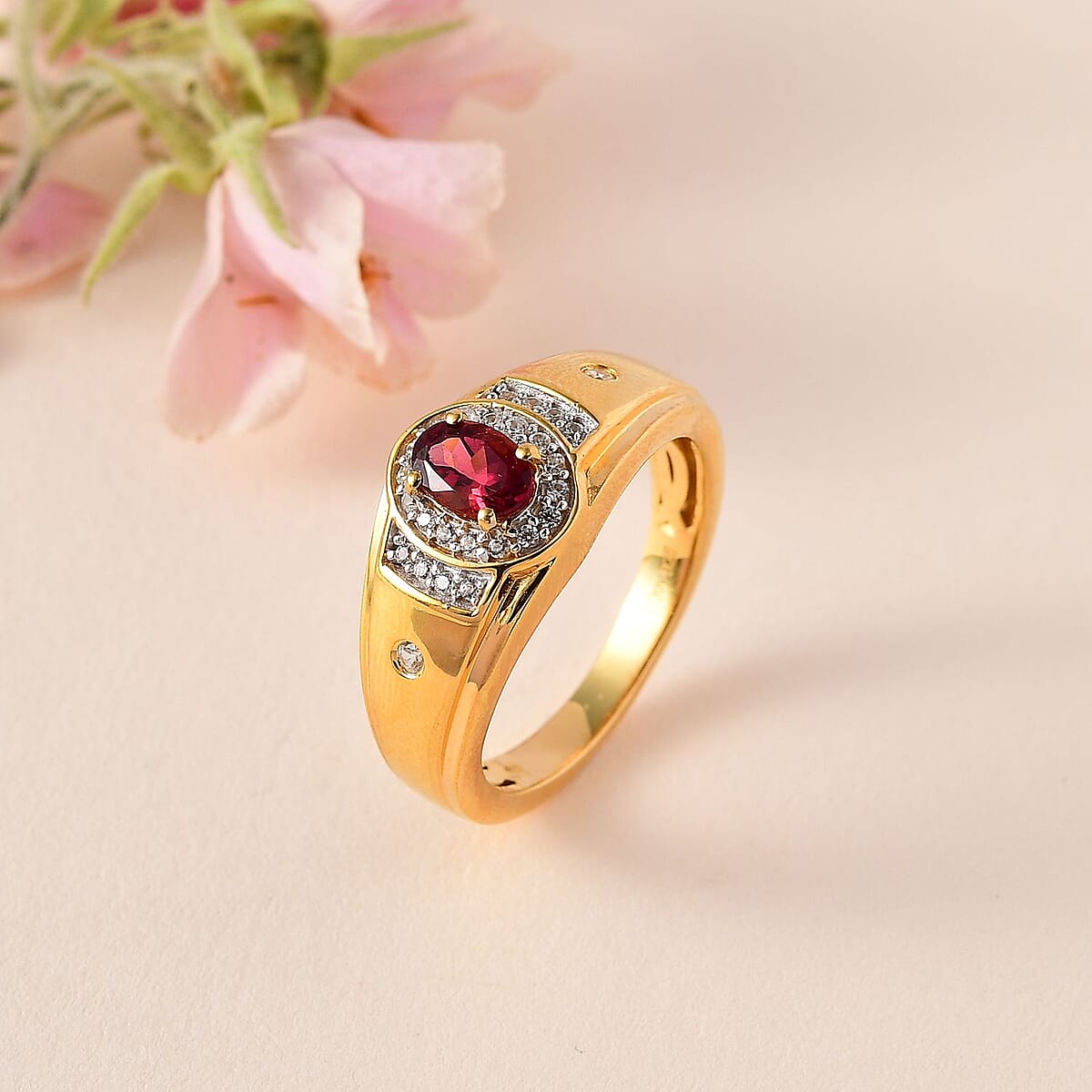 AAA Ouro Fino Rubellite and White Zircon Men' s Ring in Vermeil Yellow Gold Over Sterling Silver (Size 9.0) 1.00 ctw image number 1