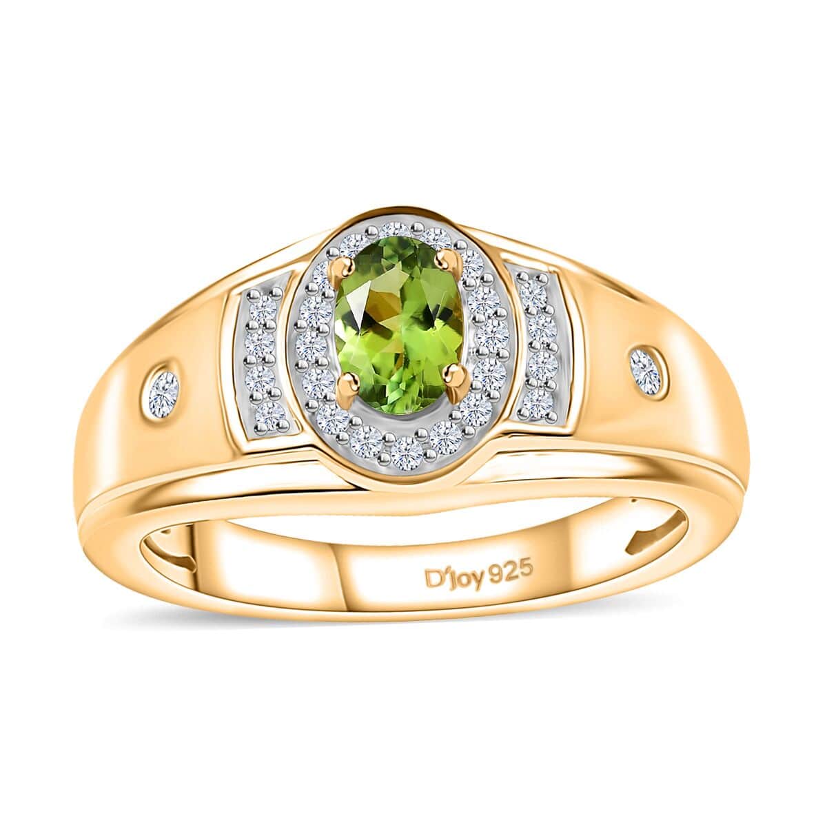 AAA Natural Calabar Green Tourmaline and White Zircon Men's Ring in Vermeil Yellow Gold Over Sterling Silver (Size 10.0) 0.90 ctw image number 0