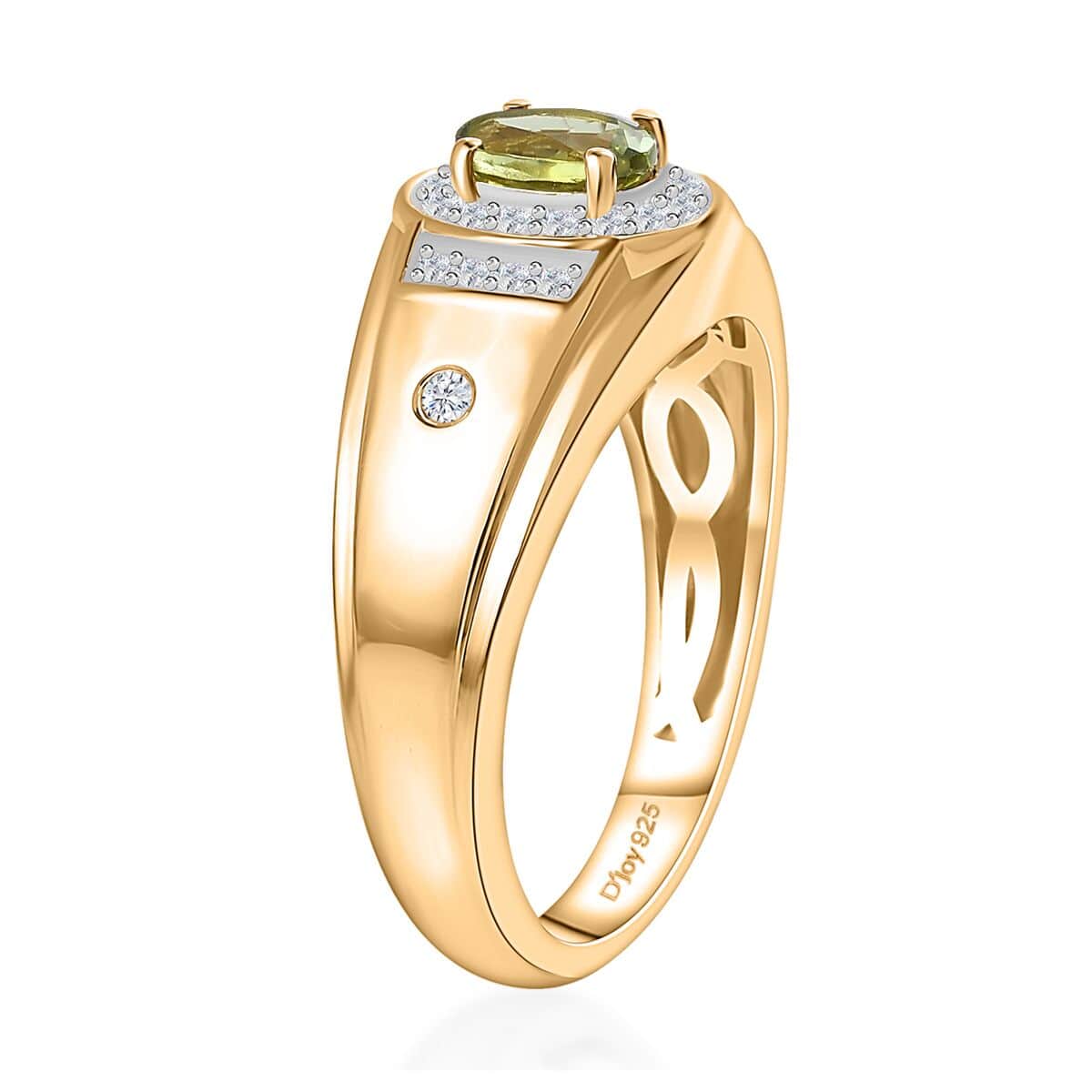 AAA Natural Calabar Green Tourmaline and White Zircon Men's Ring in Vermeil Yellow Gold Over Sterling Silver (Size 11.0) 0.90 ctw image number 3