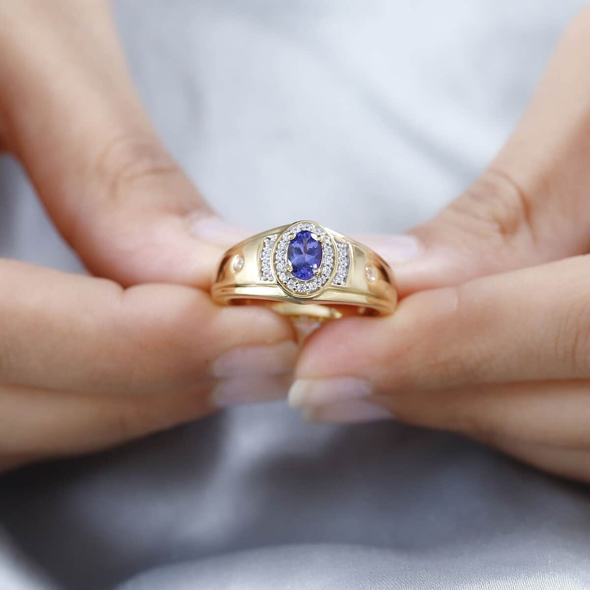 AAA Tanzanite and White Zircon Men's Ring in Vermeil Yellow Gold Over Sterling Silver (Size 11.0) 1.00 ctw image number 2