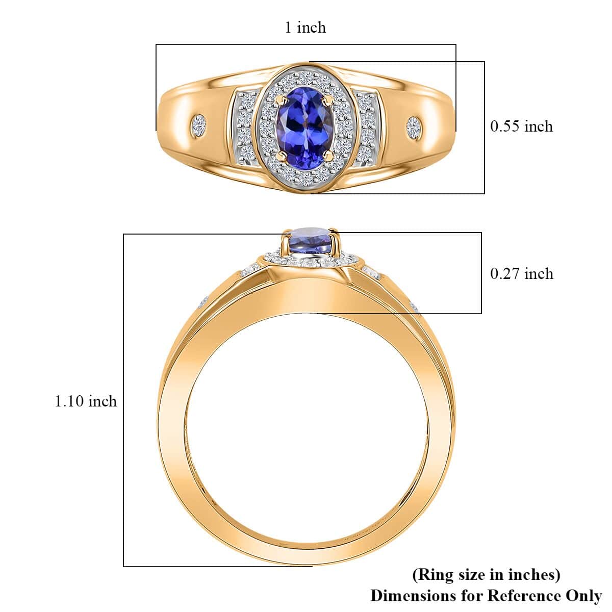 AAA Tanzanite and White Zircon Men's Ring in Vermeil Yellow Gold Over Sterling Silver (Size 11.0) 1.00 ctw image number 5